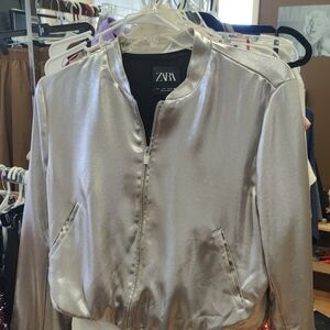 ZARA Metallic Silver Bomber Jacket - Women's Shimmer Finish